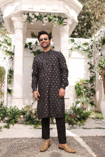 Black Color Mirror Embroidered Self-Cotton Kurta Pajama For Men